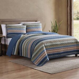Eddie Bauer Yakima Valley Strip Persimmon Set,Reversible 3 piece Quilt Set Queen